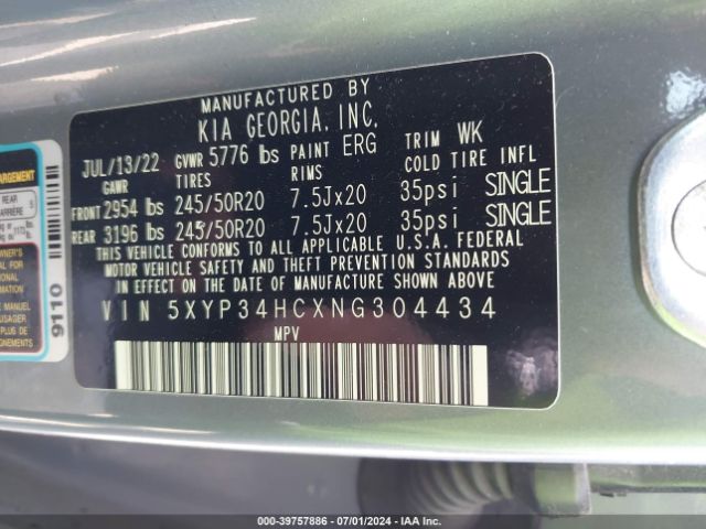 Photo 8 VIN: 5XYP34HCXNG304434 - KIA TELLURIDE 