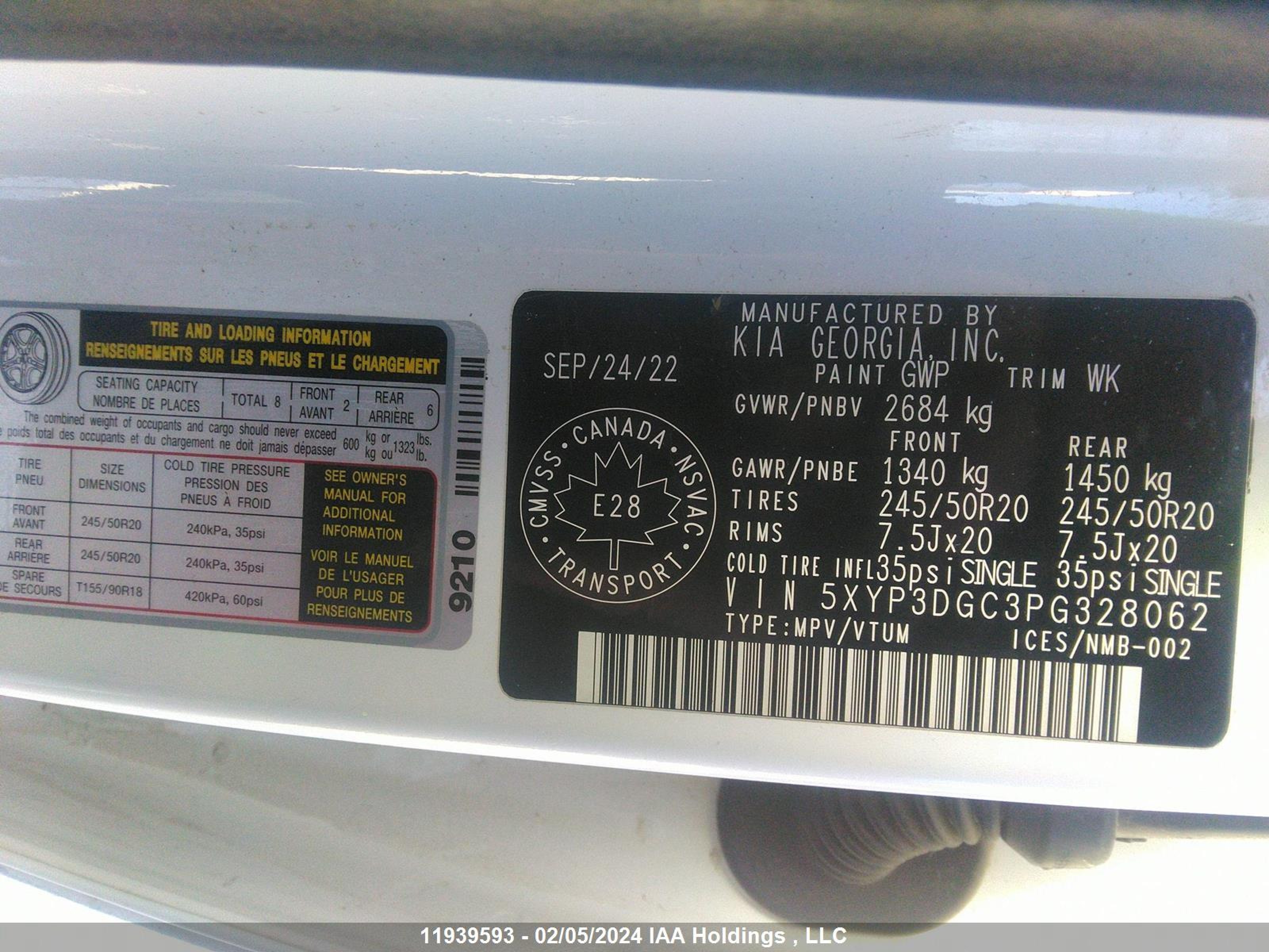 Photo 8 VIN: 5XYP3DGC3PG328062 - KIA TELLURIDE 