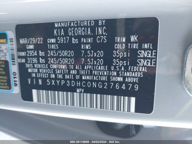 Photo 8 VIN: 5XYP3DHC0NG276479 - KIA TELLURIDE 