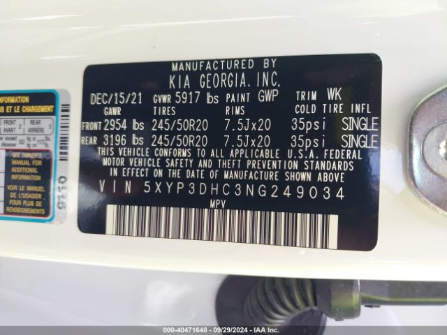 Photo 8 VIN: 5XYP3DHC3NG249034 - KIA TELLURIDE 