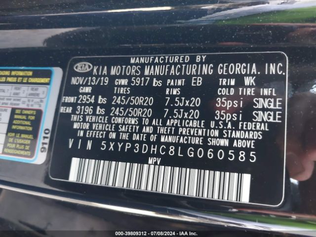 Photo 8 VIN: 5XYP3DHC8LG060585 - KIA TELLURIDE 