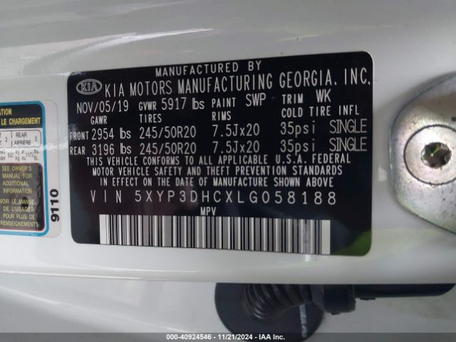 Photo 8 VIN: 5XYP3DHCXLG058188 - KIA TELLURIDE 