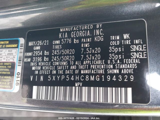 Photo 8 VIN: 5XYP54HC8MG194329 - KIA TELLURIDE 