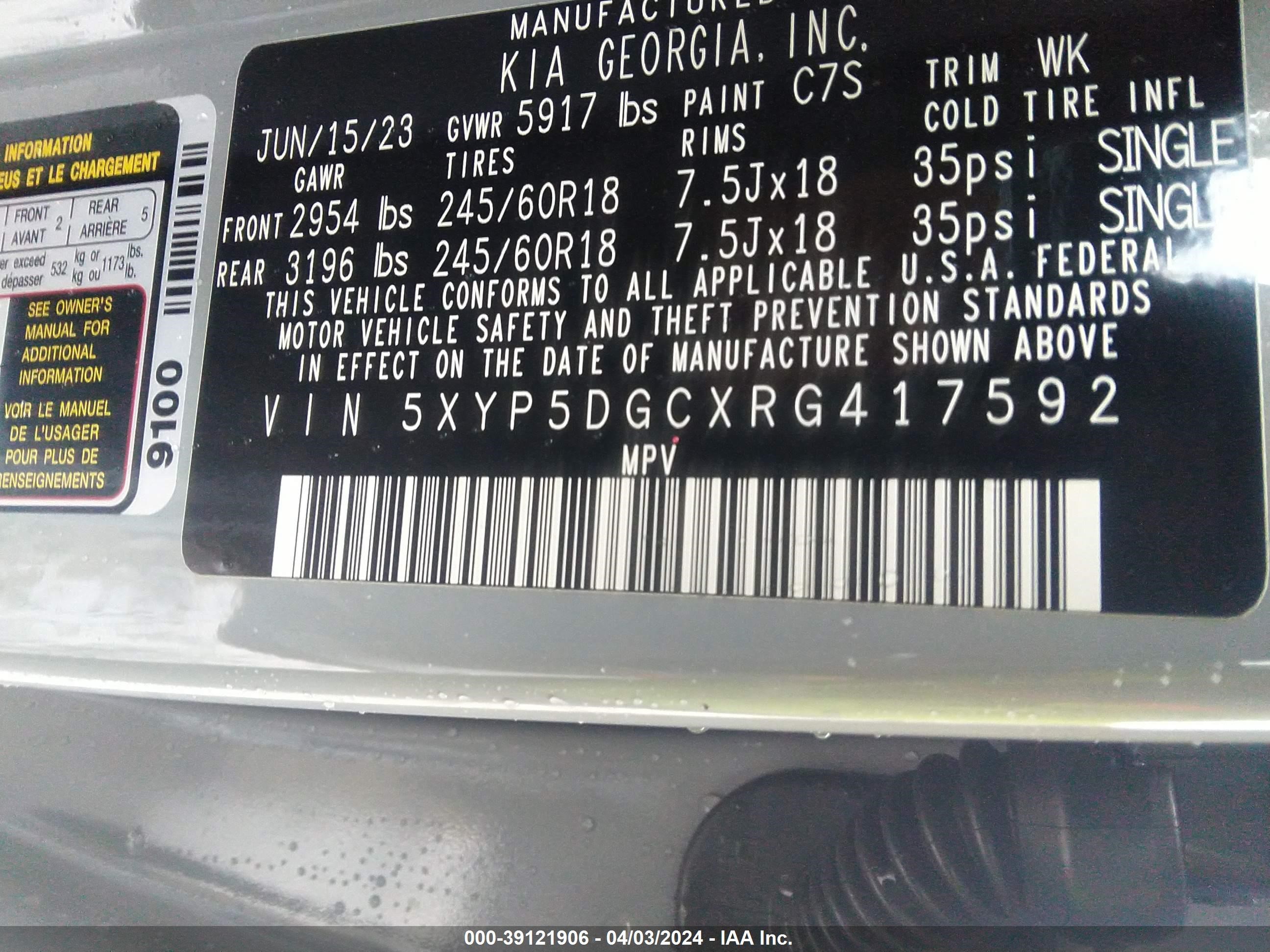 Photo 8 VIN: 5XYP5DGCXRG417592 - KIA TELLURIDE 