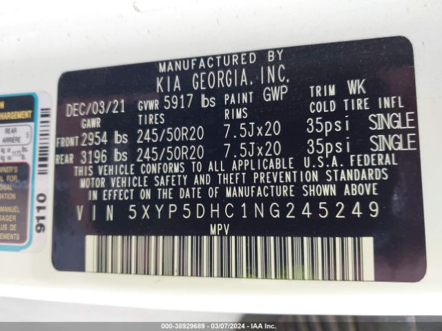 Photo 8 VIN: 5XYP5DHC1NG245249 - KIA TELLURIDE 