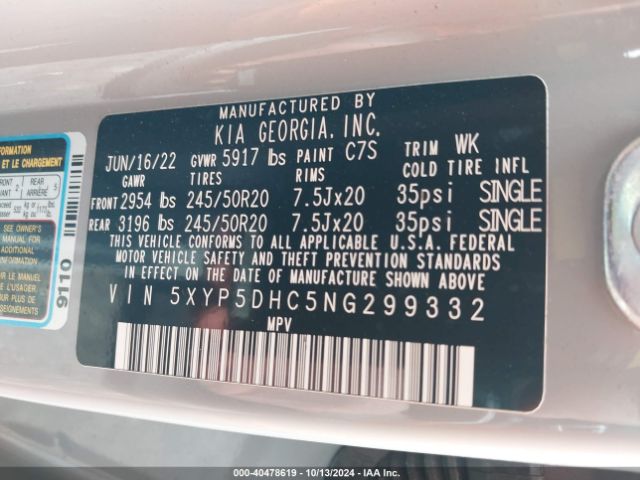 Photo 8 VIN: 5XYP5DHC5NG299332 - KIA TELLURIDE 