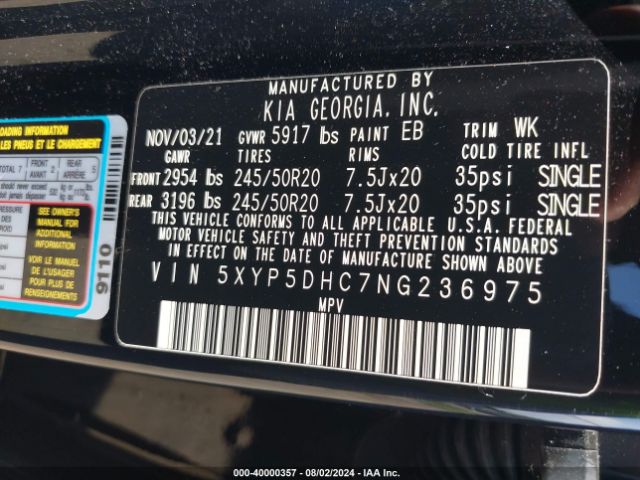 Photo 8 VIN: 5XYP5DHC7NG236975 - KIA TELLURIDE 