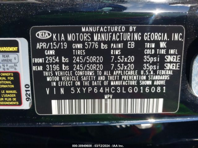 Photo 8 VIN: 5XYP64HC3LG016081 - KIA TELLURIDE 