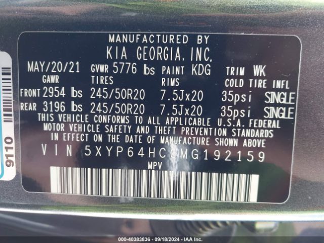 Photo 8 VIN: 5XYP64HC3MG192159 - KIA TELLURIDE 