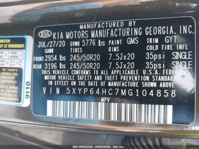 Photo 8 VIN: 5XYP64HC7MG104858 - KIA TELLURIDE 