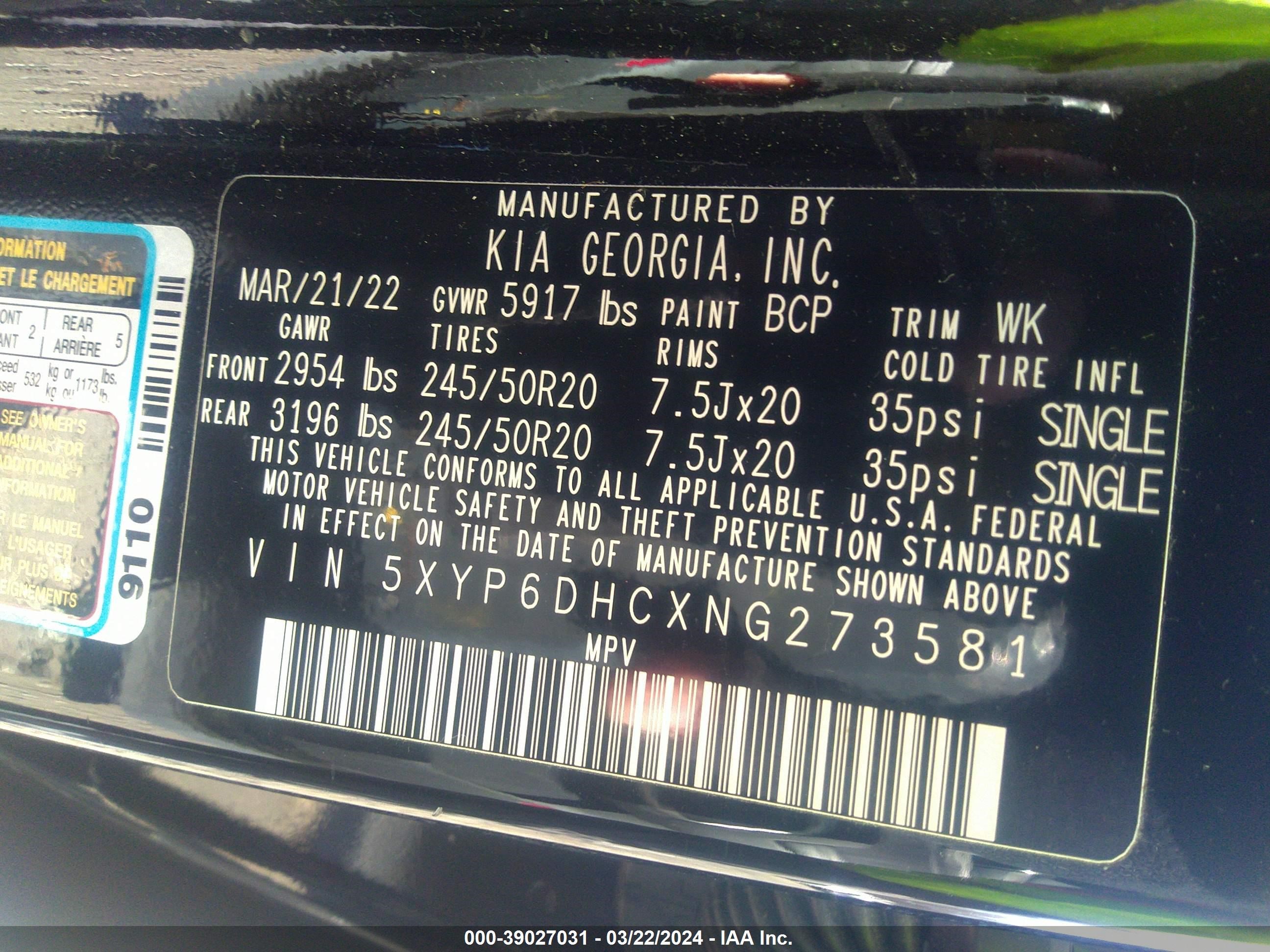 Photo 8 VIN: 5XYP6DHCXNG273581 - KIA TELLURIDE 