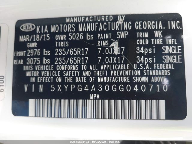 Photo 8 VIN: 5XYPG4A30GG040710 - KIA SORENTO 