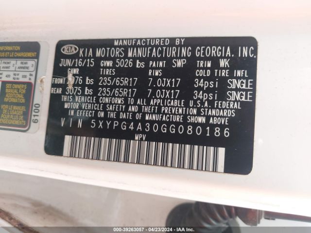 Photo 8 VIN: 5XYPG4A30GG080186 - KIA SORENTO 