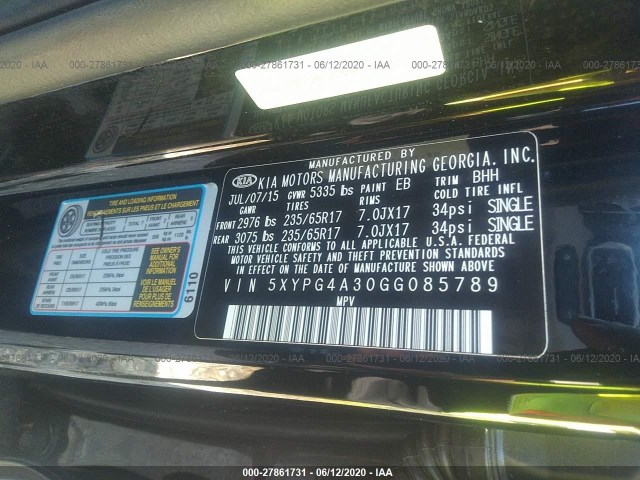 Photo 8 VIN: 5XYPG4A30GG085789 - KIA SORENTO 