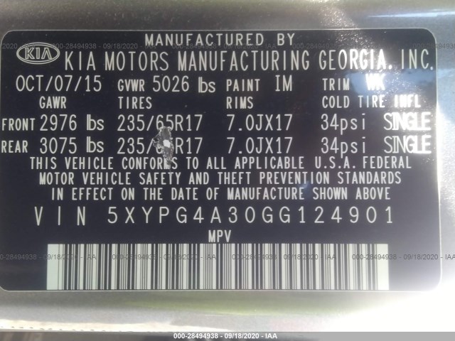 Photo 8 VIN: 5XYPG4A30GG124901 - KIA SORENTO 