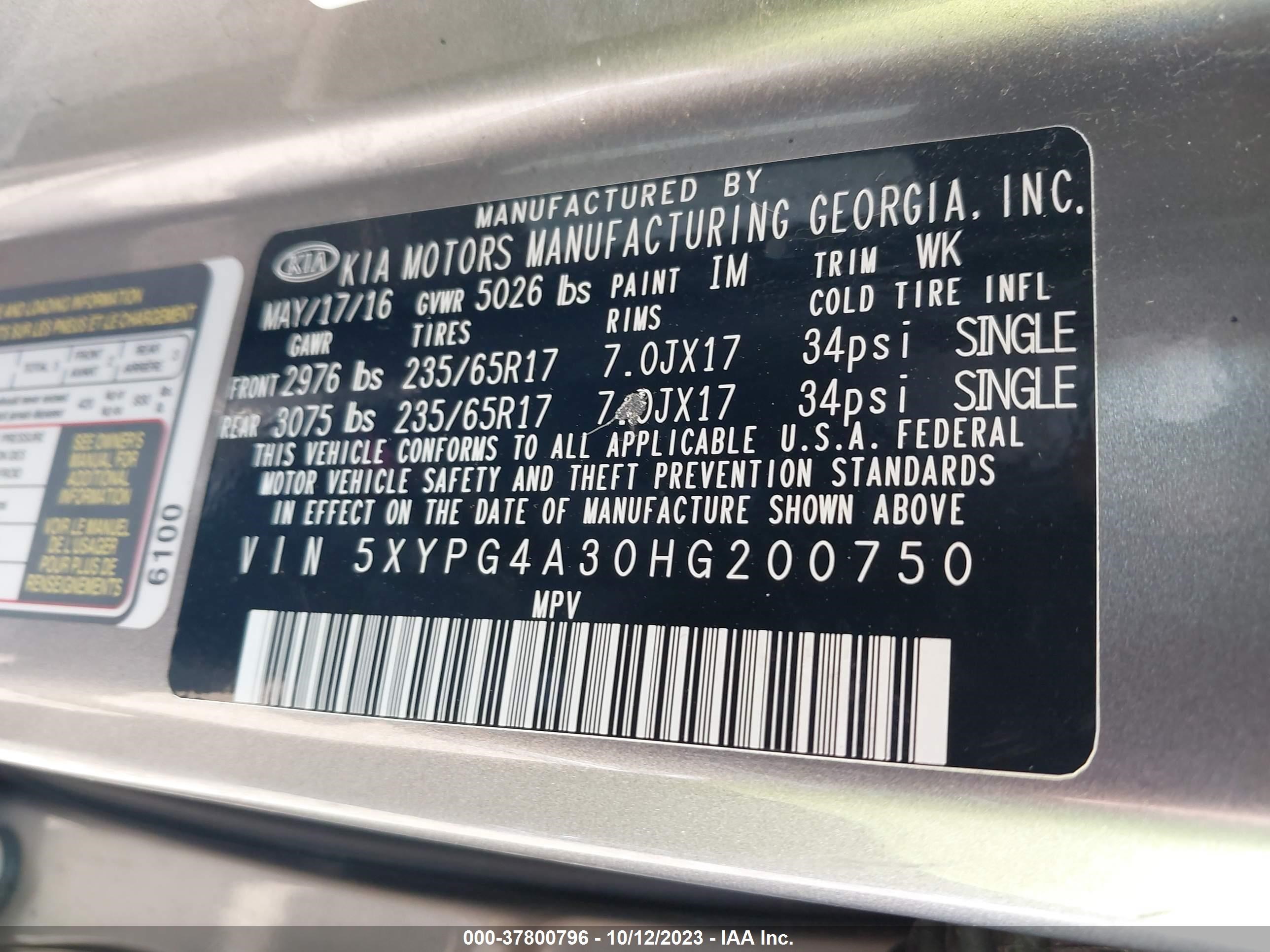 Photo 8 VIN: 5XYPG4A30HG200750 - KIA SORENTO 