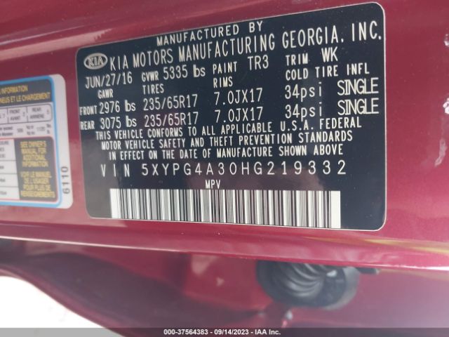 Photo 8 VIN: 5XYPG4A30HG219332 - KIA SORENTO 