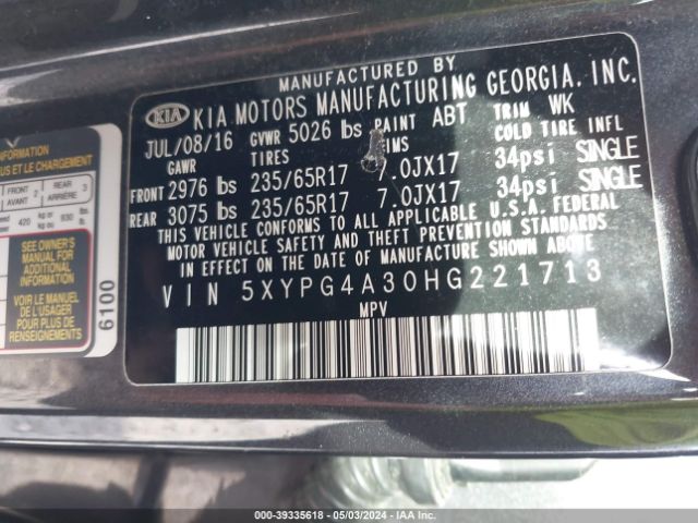 Photo 8 VIN: 5XYPG4A30HG221713 - KIA SORENTO 