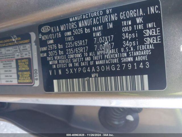 Photo 8 VIN: 5XYPG4A30HG279143 - KIA SORENTO 