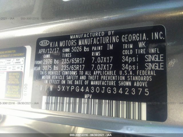 Photo 8 VIN: 5XYPG4A30JG342375 - KIA SORENTO 