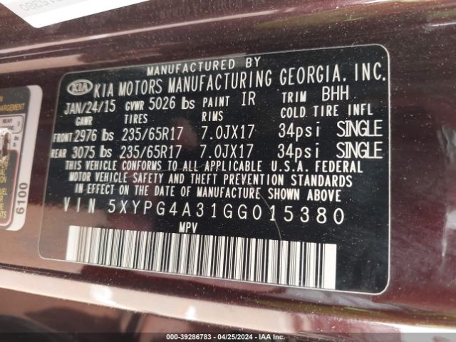 Photo 8 VIN: 5XYPG4A31GG015380 - KIA SORENTO 