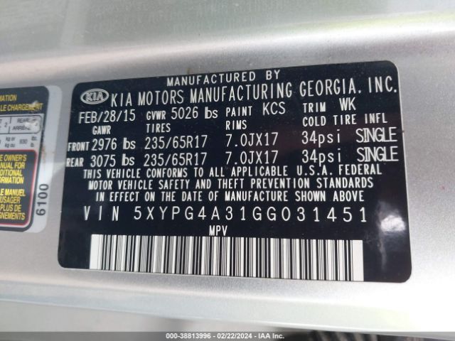 Photo 8 VIN: 5XYPG4A31GG031451 - KIA SORENTO 