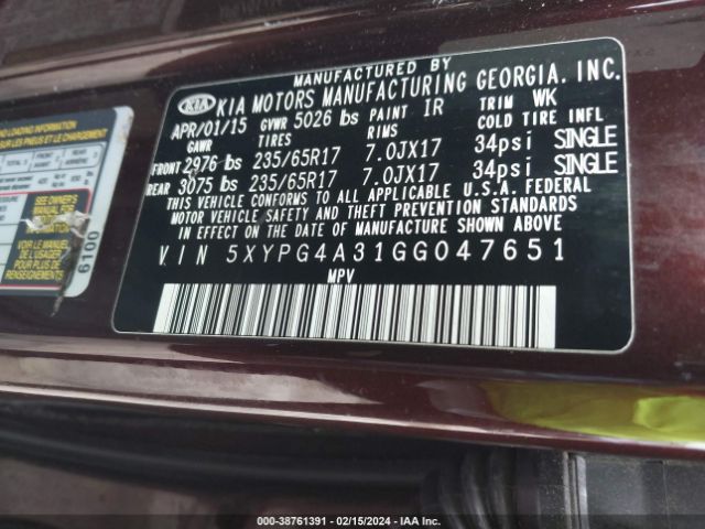 Photo 8 VIN: 5XYPG4A31GG047651 - KIA SORENTO 