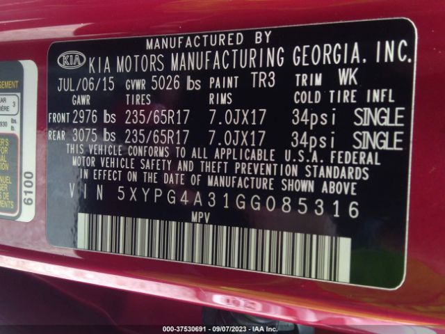 Photo 8 VIN: 5XYPG4A31GG085316 - KIA SORENTO 