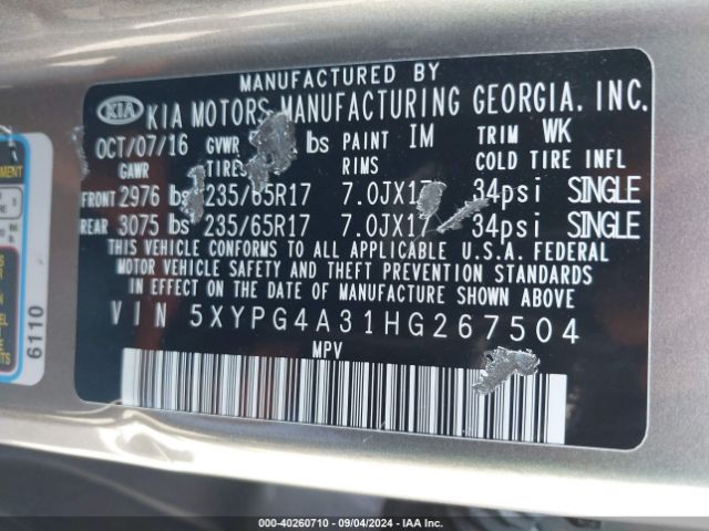 Photo 8 VIN: 5XYPG4A31HG267504 - KIA SORENTO 