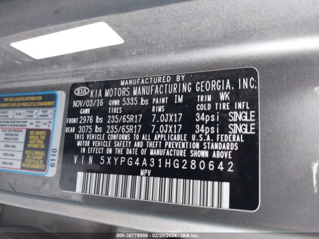 Photo 8 VIN: 5XYPG4A31HG280642 - KIA SORENTO 