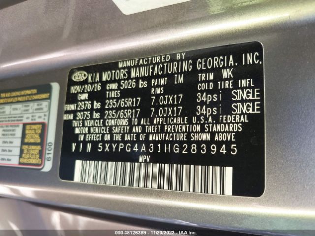 Photo 8 VIN: 5XYPG4A31HG283945 - KIA SORENTO 