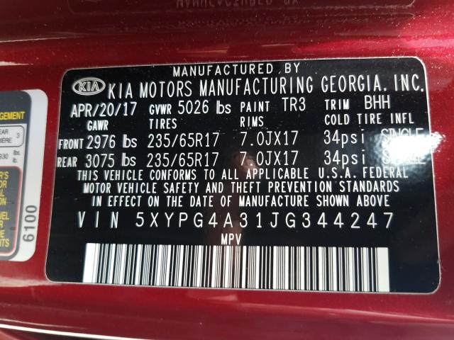 Photo 9 VIN: 5XYPG4A31JG344247 - KIA SORENTO LX 