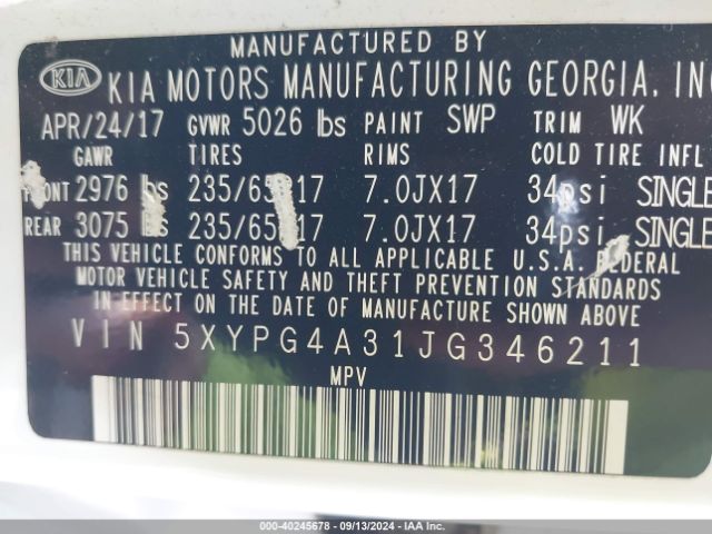 Photo 8 VIN: 5XYPG4A31JG346211 - KIA SORENTO 