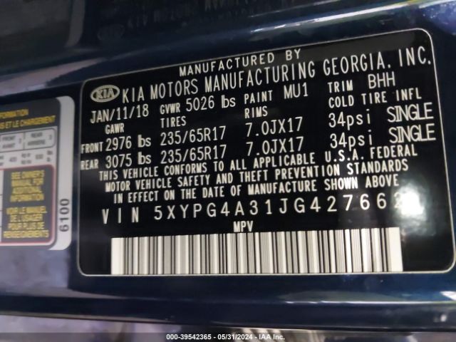 Photo 8 VIN: 5XYPG4A31JG427662 - KIA SORENTO 