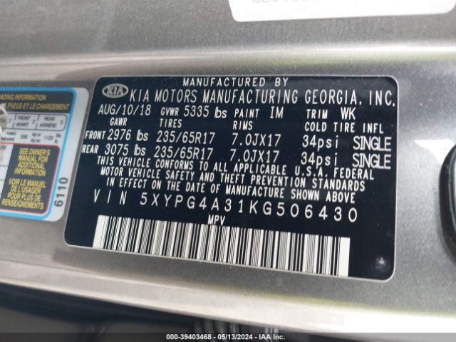 Photo 8 VIN: 5XYPG4A31KG506430 - KIA SORENTO 