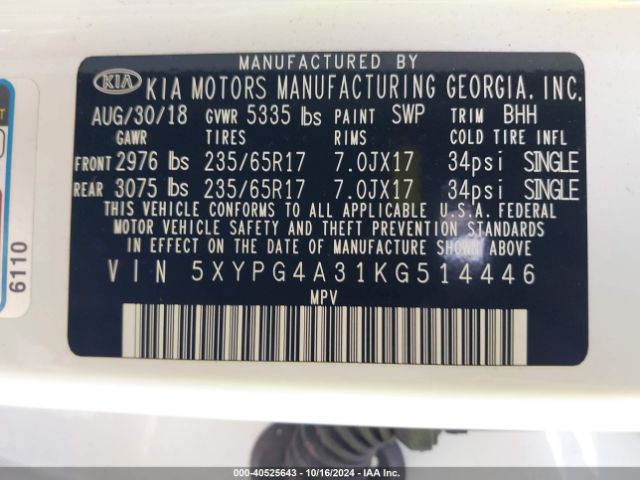 Photo 8 VIN: 5XYPG4A31KG514446 - KIA SORENTO 