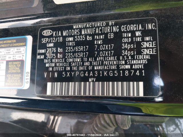 Photo 8 VIN: 5XYPG4A31KG518741 - KIA SORENTO 