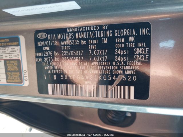 Photo 8 VIN: 5XYPG4A31KG541520 - KIA SORENTO 