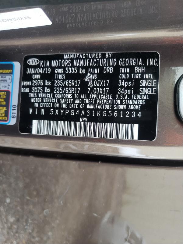 Photo 9 VIN: 5XYPG4A31KG561234 - KIA SORENTO L 