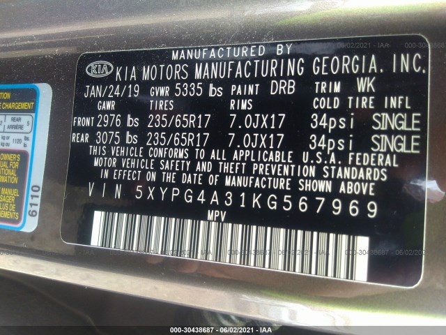 Photo 8 VIN: 5XYPG4A31KG567969 - KIA SORENTO 