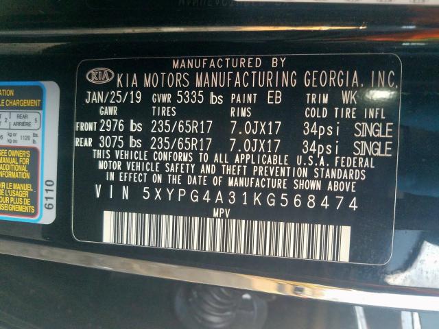 Photo 9 VIN: 5XYPG4A31KG568474 - KIA SORENTO L 