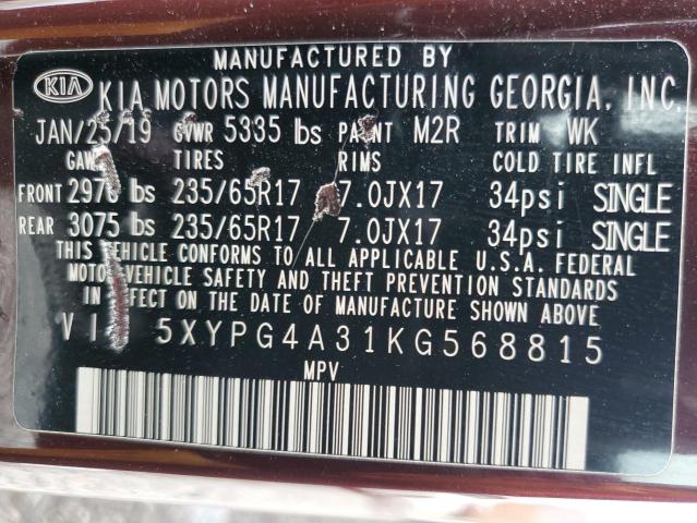 Photo 13 VIN: 5XYPG4A31KG568815 - KIA SORENTO 