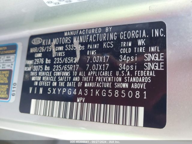 Photo 8 VIN: 5XYPG4A31KG585081 - KIA SORENTO 