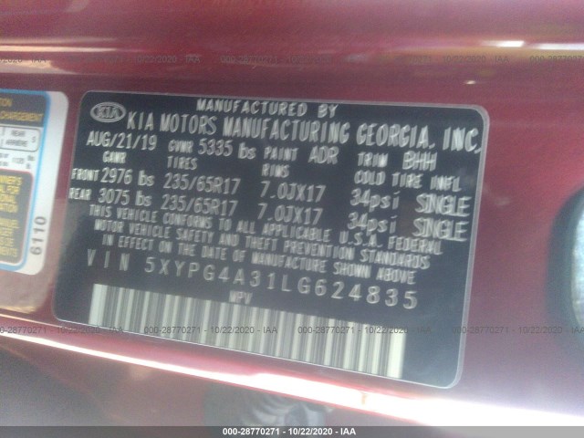 Photo 8 VIN: 5XYPG4A31LG624835 - KIA SORENTO 