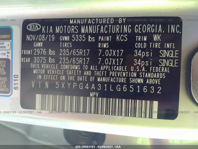 Photo 8 VIN: 5XYPG4A31LG651632 - KIA SORENTO 