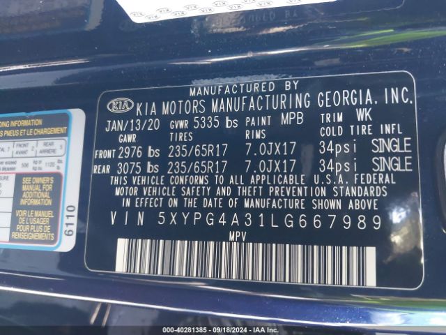 Photo 8 VIN: 5XYPG4A31LG667989 - KIA SORENTO 