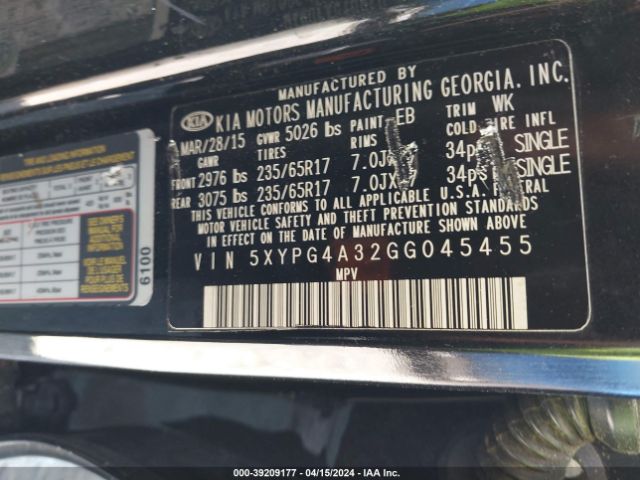 Photo 8 VIN: 5XYPG4A32GG045455 - KIA SORENTO 