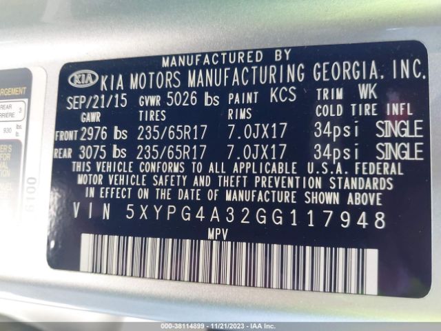 Photo 8 VIN: 5XYPG4A32GG117948 - KIA SORENTO 