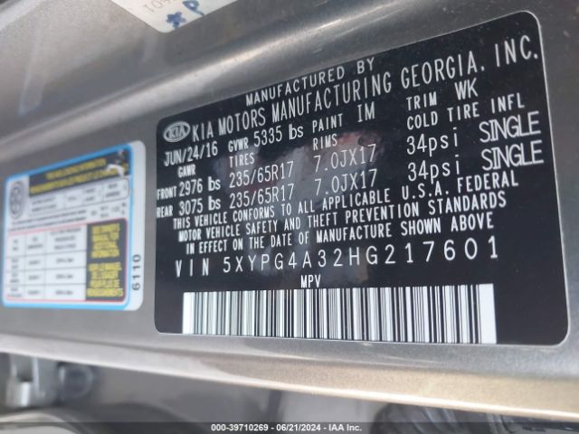 Photo 8 VIN: 5XYPG4A32HG217601 - KIA SORENTO 