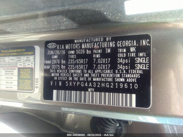 Photo 8 VIN: 5XYPG4A32HG219610 - KIA SORENTO 